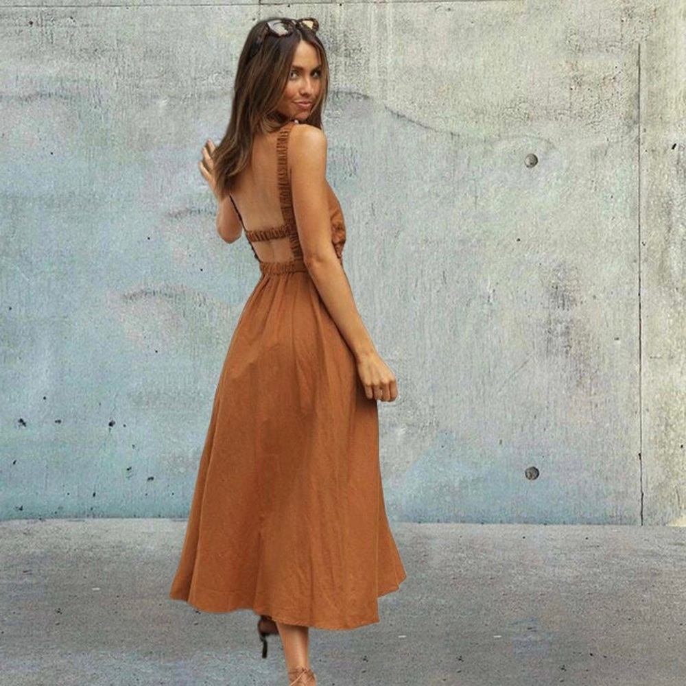 terracotta open back midi dress
